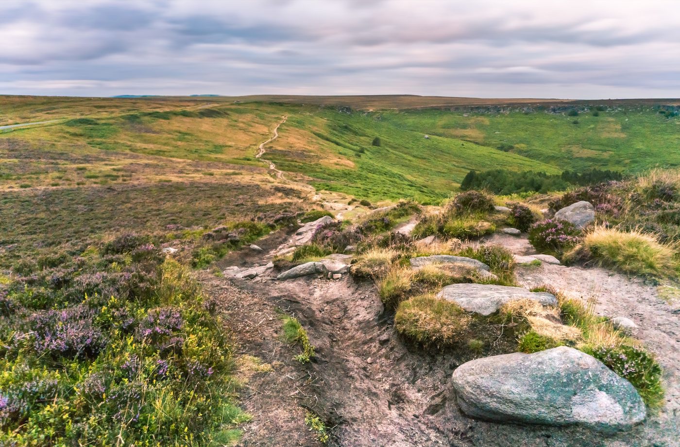 Stanage Edge in the Peak District with heather and moorland